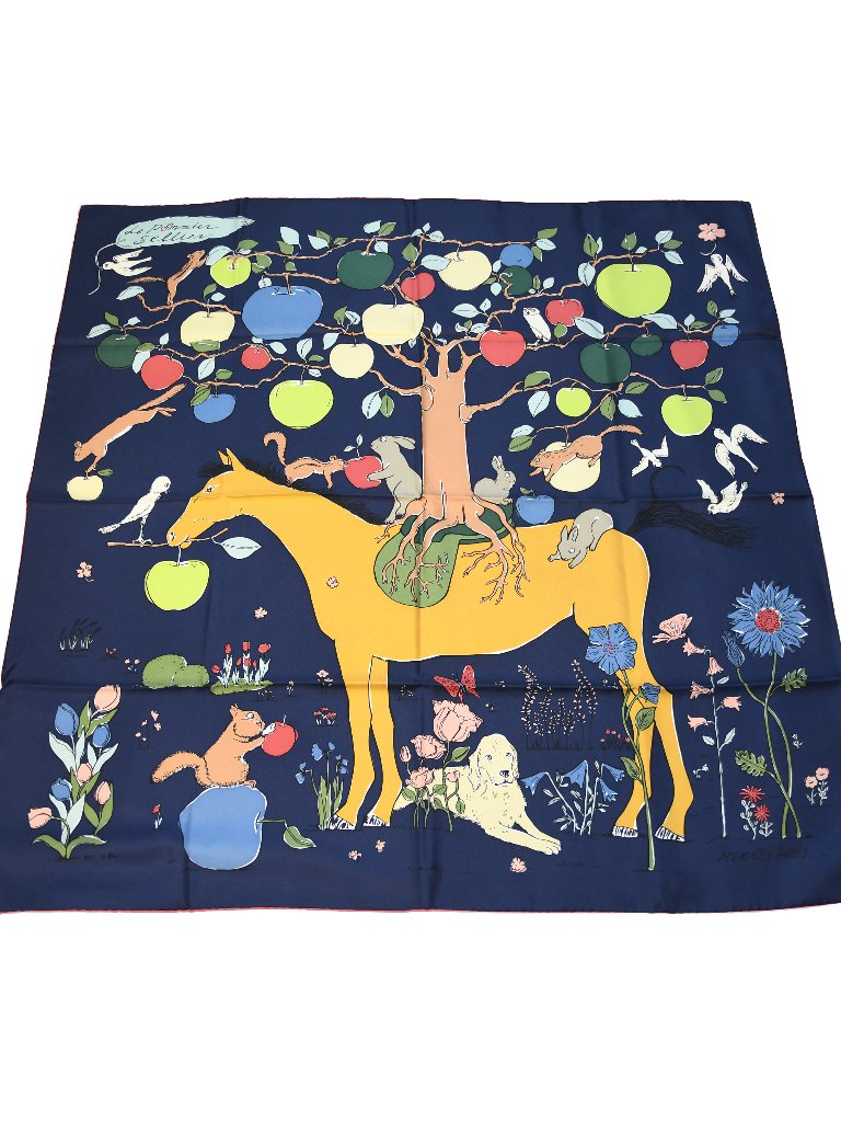 Hermes Le Pommier Sellier Carre 90 Scarf Navy Blue